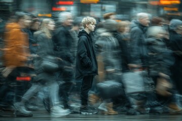 Urban loneliness visualized with standing still young adult. Isolation trends. Youth happiness declines globally as virtual replaces real interactions. Virtual reality impact. Human contact.