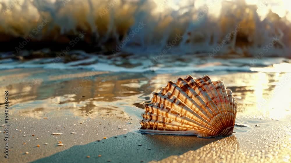 Poster the video captures a serene beach scene with a seashell on the sand, waves gently lapping in the bac