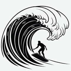 Big wave curling with surfer inside  image silhouette design vector art and illustration