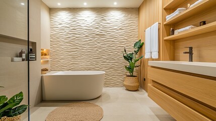 Modern Bathroom Interior Design With Bathtub And Wooden Accents