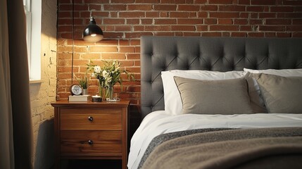 Cozy Bedroom Interior With Brick Wall And Modern Decor