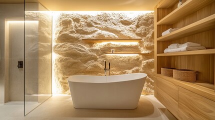 Luxury Modern Bathroom Interior With Freestanding Tub And Stone Wall