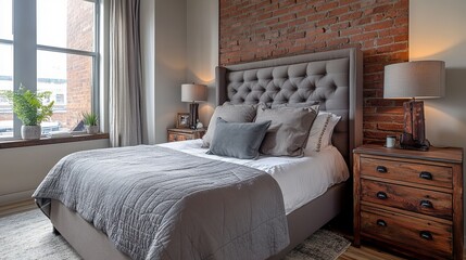 Cozy Bedroom Interior With Brick Wall And Natural Light