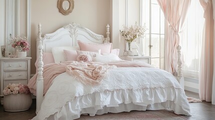 Elegant Bedroom Retreat With Shabby Chic Decor And Soft Pink Accents