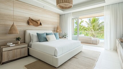 Luxury Bedroom Interior With Balcony View Of Palm Trees And Swimming Pool