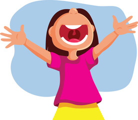Happy Excited Little Girl Feeling Content Vector Character. Funny kid expressing enthusiasm and joy with her body language