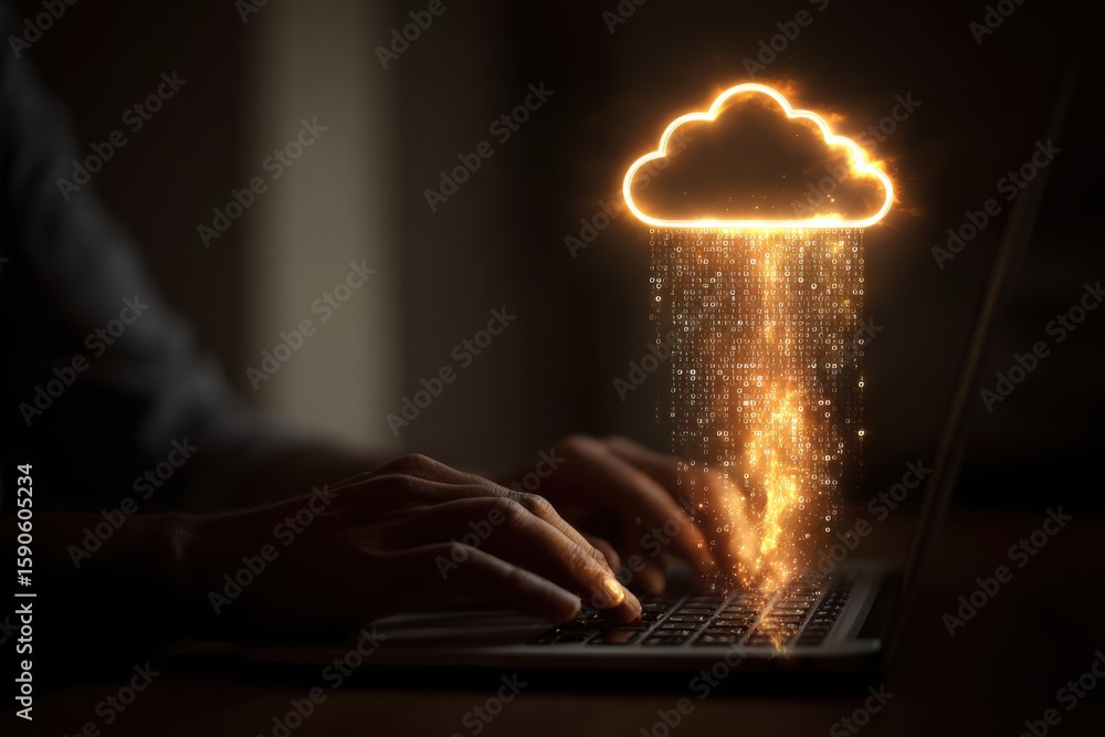 Poster digital realm: a glowing cloud descends upon a laptop, a symbolic representation of data transfer an