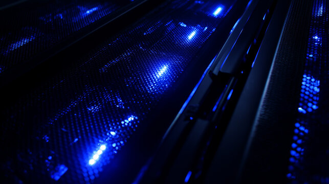 Close-up of glowing blue server rack lights creating an abstract technological pattern on a dark background.