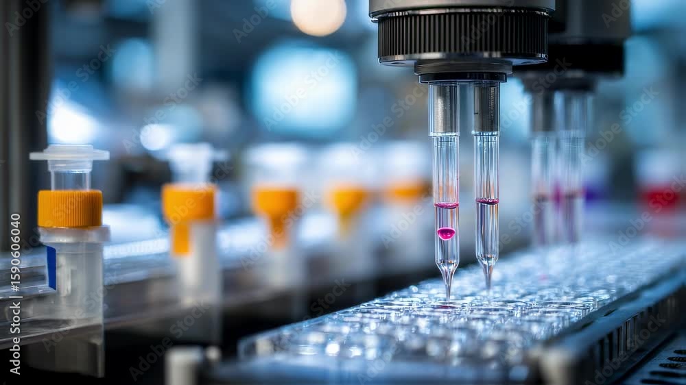 Poster automated equipment is processing samples in a modern laboratory, conducting tests and analysis for 