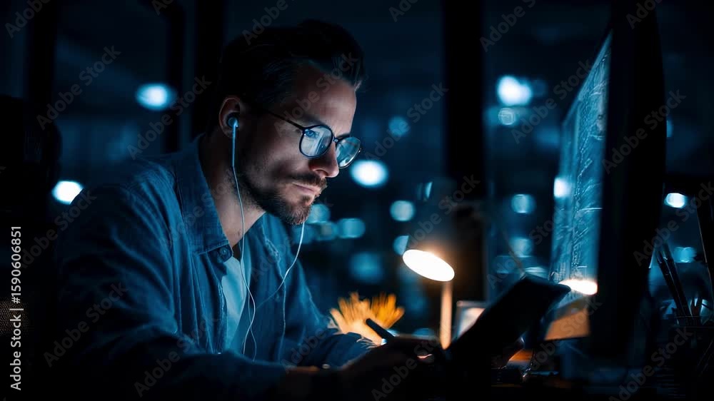 Poster a focused data analyst leans forward in an ergonomic chair with earbuds in immersed in reviewing com