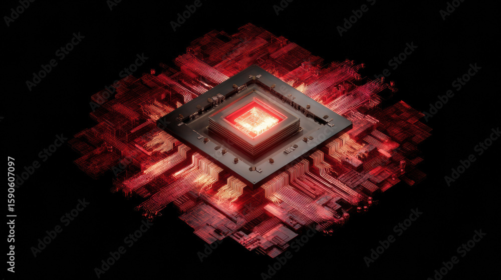 Poster glowing central microchip on a circuit board emits red light, highlighting intricate electronic path