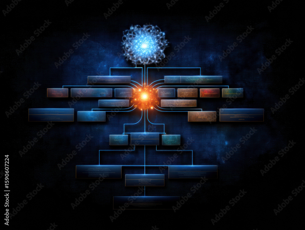 Poster glowing, futuristic flowchart with blue and orange nodes connected by lines, resembling a digital ne