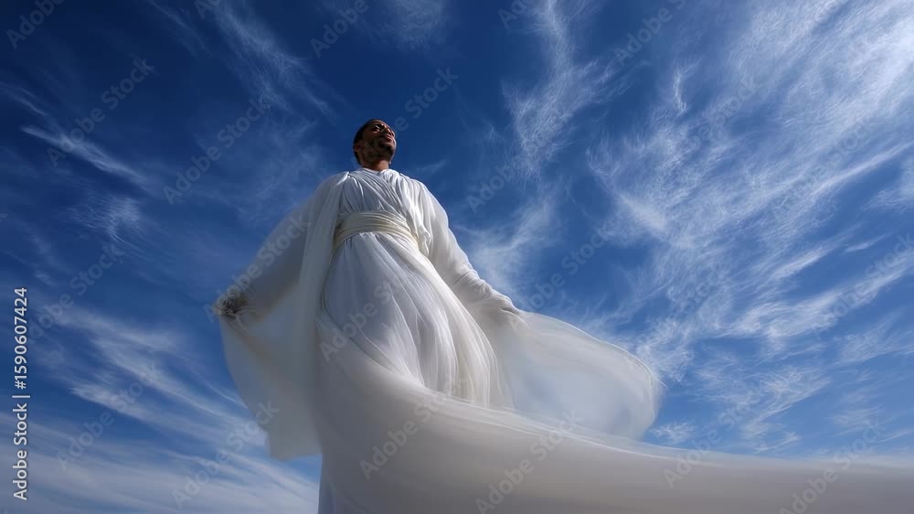 Poster against a backdrop of wispy white clouds and a radiant sun a person enveloped in a pristine white ro