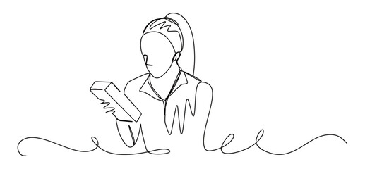 continuous line art of a young woman holding a thick book