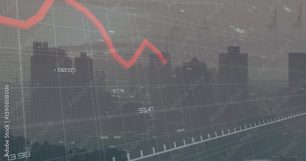 Aufkleber on start red fluctuating line graph extending, oscillating over grid showing market decline trend