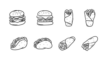 Collection of Hand-Drawn Fast Food Items Including Burgers, Wraps, and Tacos