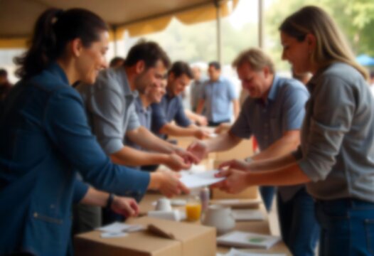 Generative AI image showing people interacting, exchanging documents, at an outdoor event