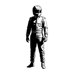 Minimalist black and white lineart illustration of a racing driver in a suit