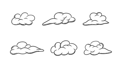 Collection of Hand-Drawn Black and White Clouds in Various Shapes and Styles