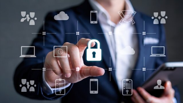 Cybersecurity professional secures digital data with padlock icon and modern devices
