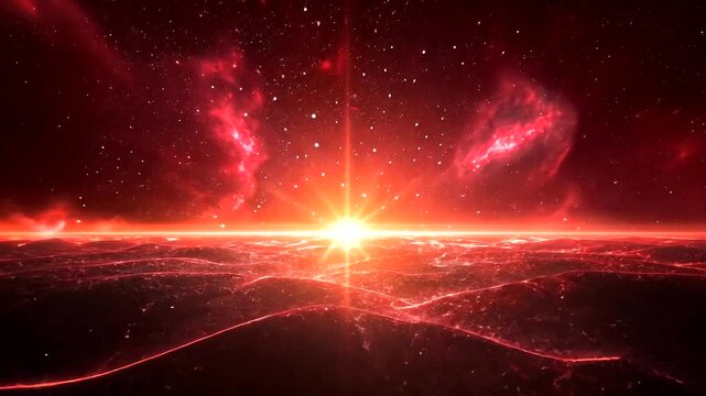 Spectacular Red Galaxy Sunrise with Distant Nebulae and Cosmic Horizon Background
