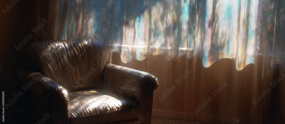 Poster a chair sits near a window with light filtering through creating a bright and colorful display patte