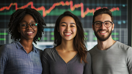 Confident Diverse Financial Analysts Smiling in Front of Stock Market Graphs – Modern Teamwork and Market Strategy Concept