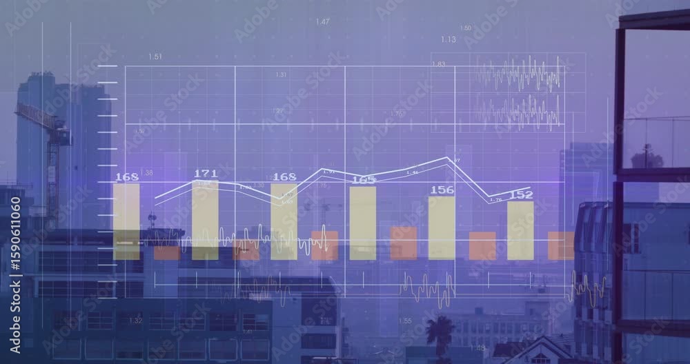 Poster fading chart over city dawn, bars shifting, redrawing line graph adding waveform visualizing trends