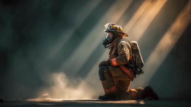 A dynamic scene depicting a firefighter in full gear kneeling on the ground while clutching their chest gasping for air. Rays of sunlight pierce through a cloud of smoke symbolizing
