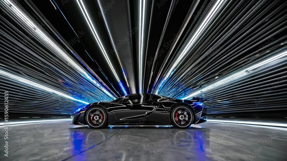 Poster side view of a sleek car with dynamic blue light trails, creating a futuristic video effect. low-ang