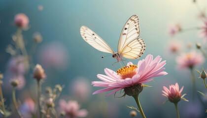 Obraz premium Cream Butterfly on Pink Flower in Field with Teal Background