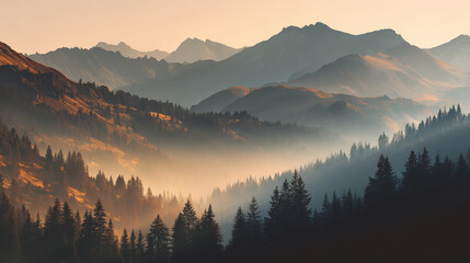 Obraz premium A vast, serene mountain range shrouded in morning mist, with golden sunlight just breaking through the clouds,