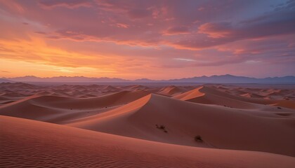 Fototapeta premium Desert dunes at sunrise with dramatic shadows and vibrant orange tones