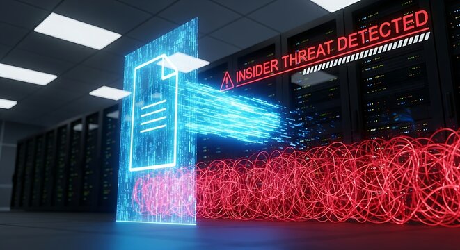 Insider threat detection concept. A holographic interface shows a confidential file being moved outside a secure network, with a red alert.