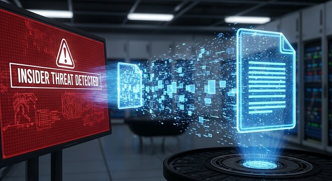 Insider threat detection concept. A holographic interface shows a confidential file being moved outside a secure network, with a red alert.