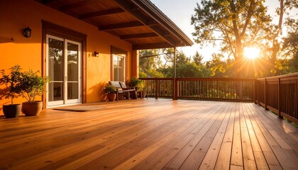Sunny patio deck at sunset