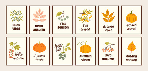 Autumn simple poster big set. Fall flyer doodle collection. Vectical banner autumn elements. Autumn interior design poster, end of season promo template. Vector illustration.