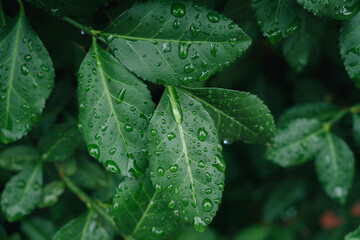 Close-up of fresh green leaves with water drops after rain