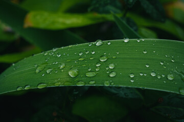 Close-up of fresh green leaves with water drops after rain