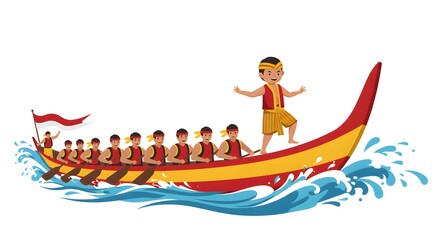 Pacu Jalur Water Sports in Indonesia Aura farming Boat Animated Team Racing in a Colorful Traditional Boat with Indonesian Flag for Cultural Event 