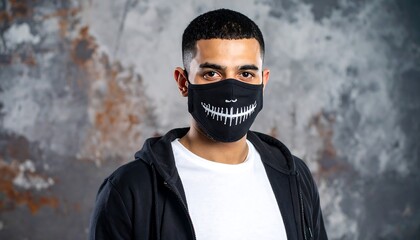 A man wearing a black face mask with a smile design