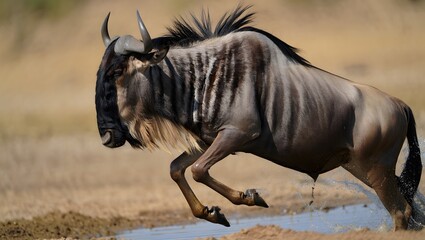 Wildebeest Running Through Water in African Savanna - Wildlife Action Shot