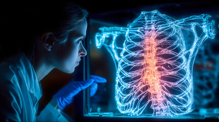 Medical Researcher Examining Holographic Spine Scan — Ideal for Healthcare AI Marketing