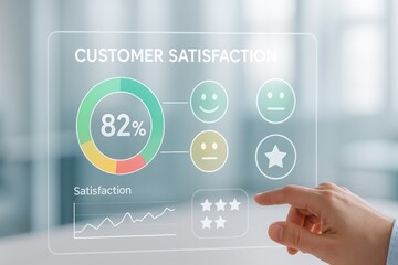 Customer Satisfaction Dashboard with Feedback Rating, Score Percentage and Sentiment Icons in Digital Interface
