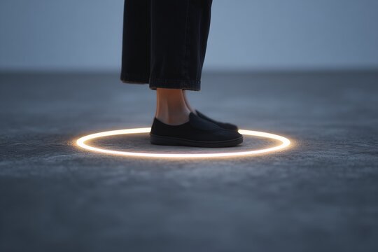 A person takes a hesitant first step out of their illuminated "comfort zone." A powerful, universal metaphor for personal growth, courage, facing fears, and trying something new