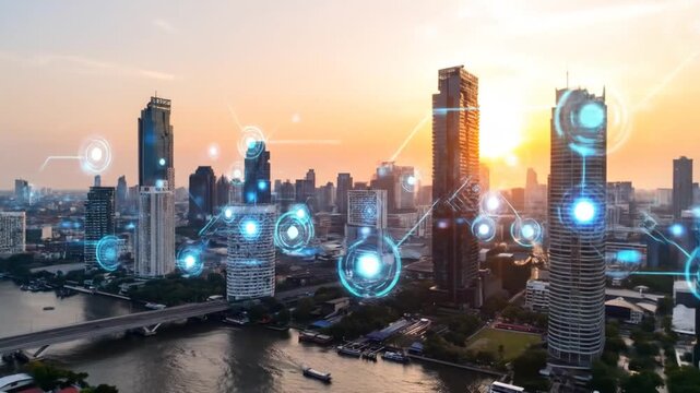 A futuristic cityscape with high-rise buildings, river, bridge, and glowing digital connections overlayed. The sky shows sunset hues - Powered by Adobe