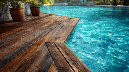 Close-up of a wooden deck with a swimming pool, featuring vibrant blue water and tropical hardwood planks