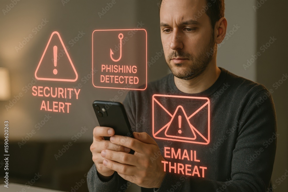 Poster man receiving phishing alert on smartphone with email threat and security warning interface