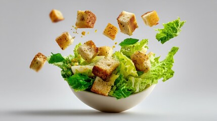 caesar salad with levitating ingredients on white background


