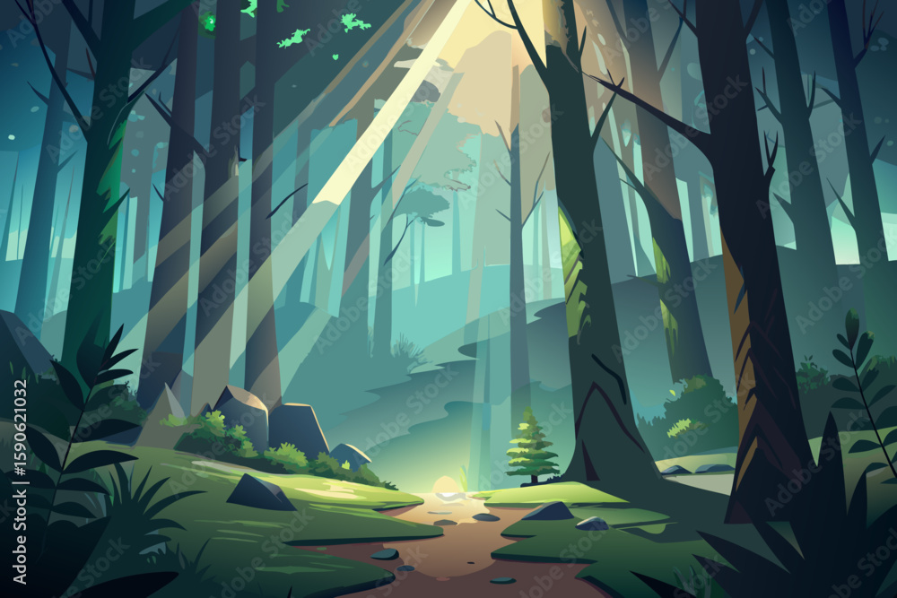 Poster enchanted forest illustration with sunbeams and path a whimsical vector landscape featuring tall tre